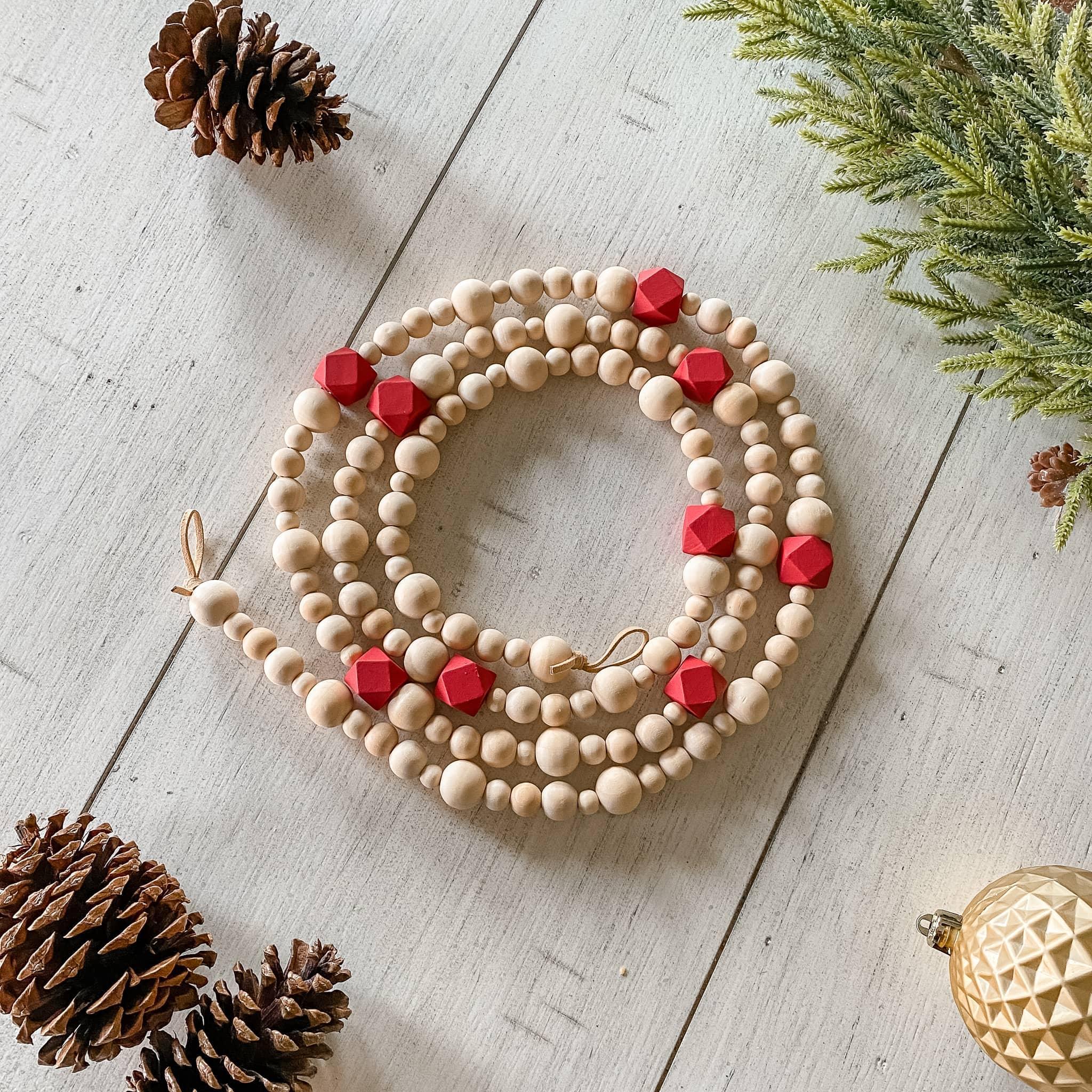 Red decorative wooden bead garland, Christmas tree garland