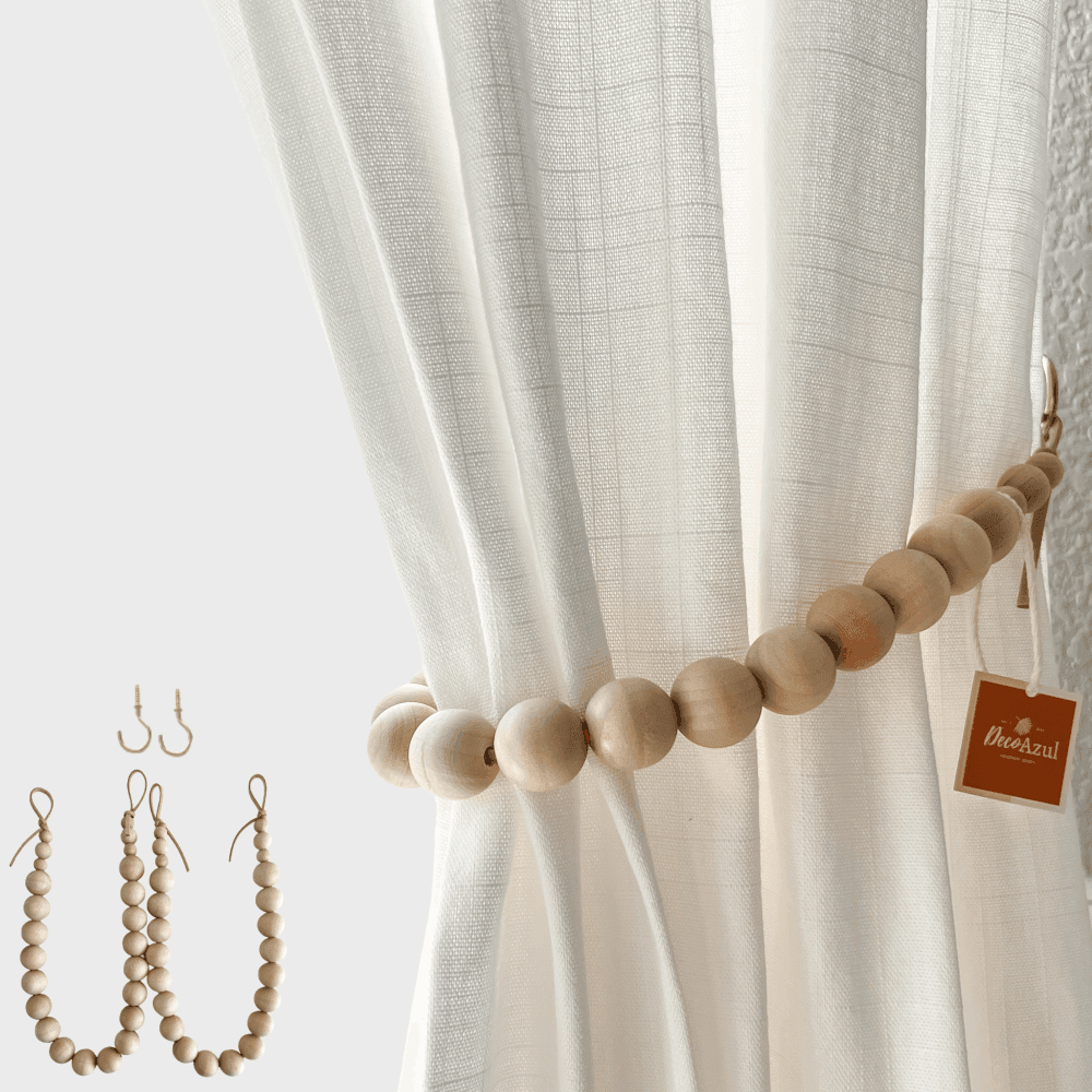 Pack of 2 Boho Curtain Tiebacks, Wood Bead Curtain holdbacks - Deco Azul